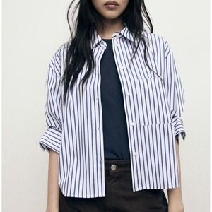 MNG by Mango Shirt Striped Cropped White Blue Button Down Size L NWT Minimalist